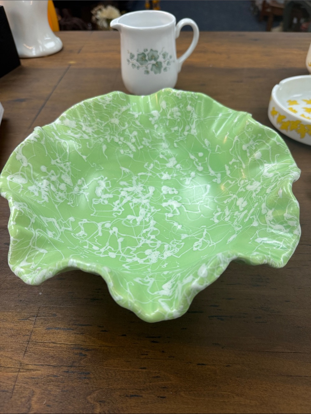 Handcrafted Light Green Ceramic Ruffled Bowl